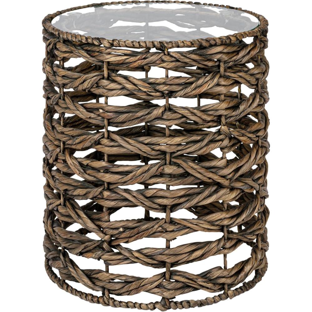 image:imageJONATHAN Y Malaya 16 Bohemian Coastal Handwoven Water Hyacinth Open Weave Round End Table with Glass Top Brown TBL2508BBrown
