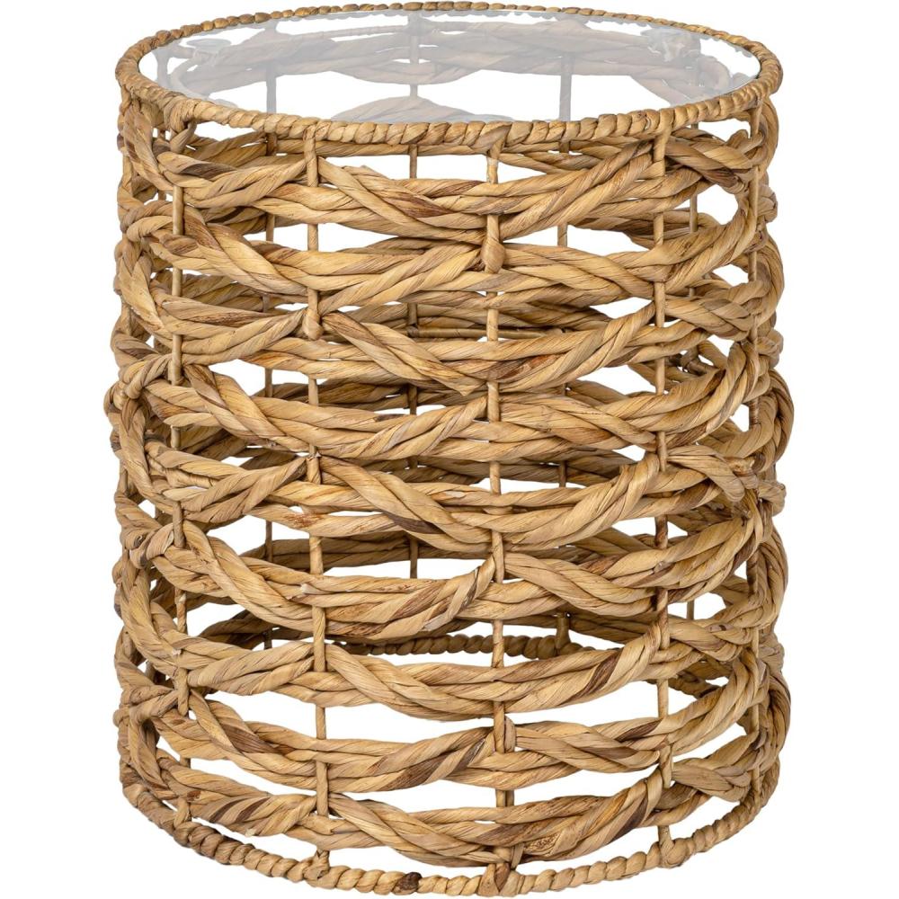 image:imageJONATHAN Y Malaya 16 Bohemian Coastal Handwoven Water Hyacinth Open Weave Round End Table with Glass Top Brown TBL2508BNatural
