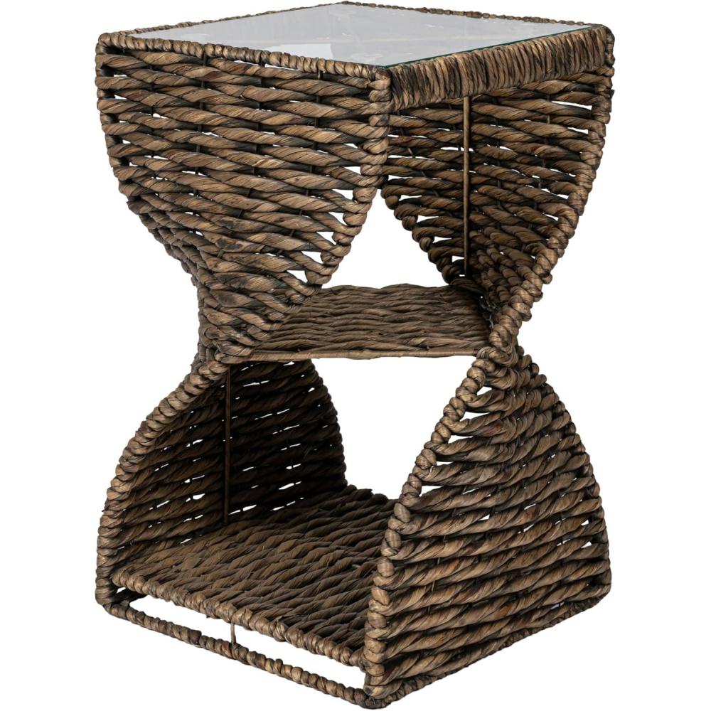 image:imageJONATHAN Y Suraya 14 Coastal Bohemian Handwoven Water Hyacinth Sculptural Twisted End Table with Glass Top and Storage Shelf Natural TBL2506ABrown