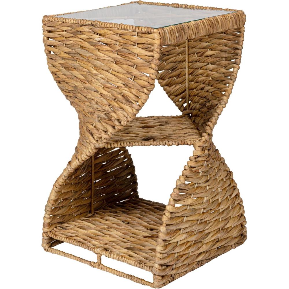 image:imageJONATHAN Y Suraya 14 Coastal Bohemian Handwoven Water Hyacinth Sculptural Twisted End Table with Glass Top and Storage Shelf Natural TBL2506ANatural