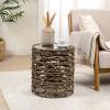 JONATHAN Y Malaya 16″ Bohemian Coastal Handwoven Water Hyacinth Open Weave Round End Table with Glass Top, Brown (TBL2508B)(Brown)