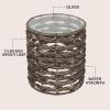 JONATHAN Y Malaya 16″ Bohemian Coastal Handwoven Water Hyacinth Open Weave Round End Table with Glass Top, Brown (TBL2508B)(Brown)