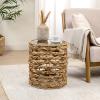 JONATHAN Y Malaya 16″ Bohemian Coastal Handwoven Water Hyacinth Open Weave Round End Table with Glass Top, Brown (TBL2508B)(Natural)