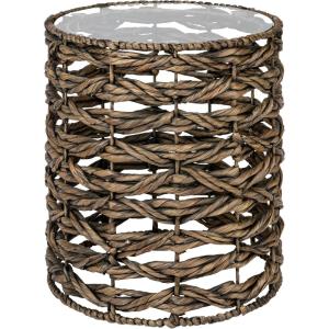 JONATHAN Y Malaya 16″ Bohemian Coastal Handwoven Water Hyacinth Open Weave Round End Table with Glass Top, Brown (TBL2508B)(Brown)