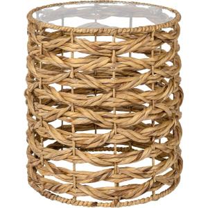 JONATHAN Y Malaya 16″ Bohemian Coastal Handwoven Water Hyacinth Open Weave Round End Table with Glass Top, Brown (TBL2508B)(Natural)