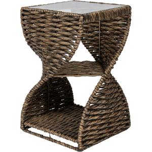 JONATHAN Y Suraya 14″ Coastal Bohemian Handwoven Water Hyacinth Sculptural Twisted End Table with Glass Top and Storage Shelf, Natural (TBL2506A)(Brown)