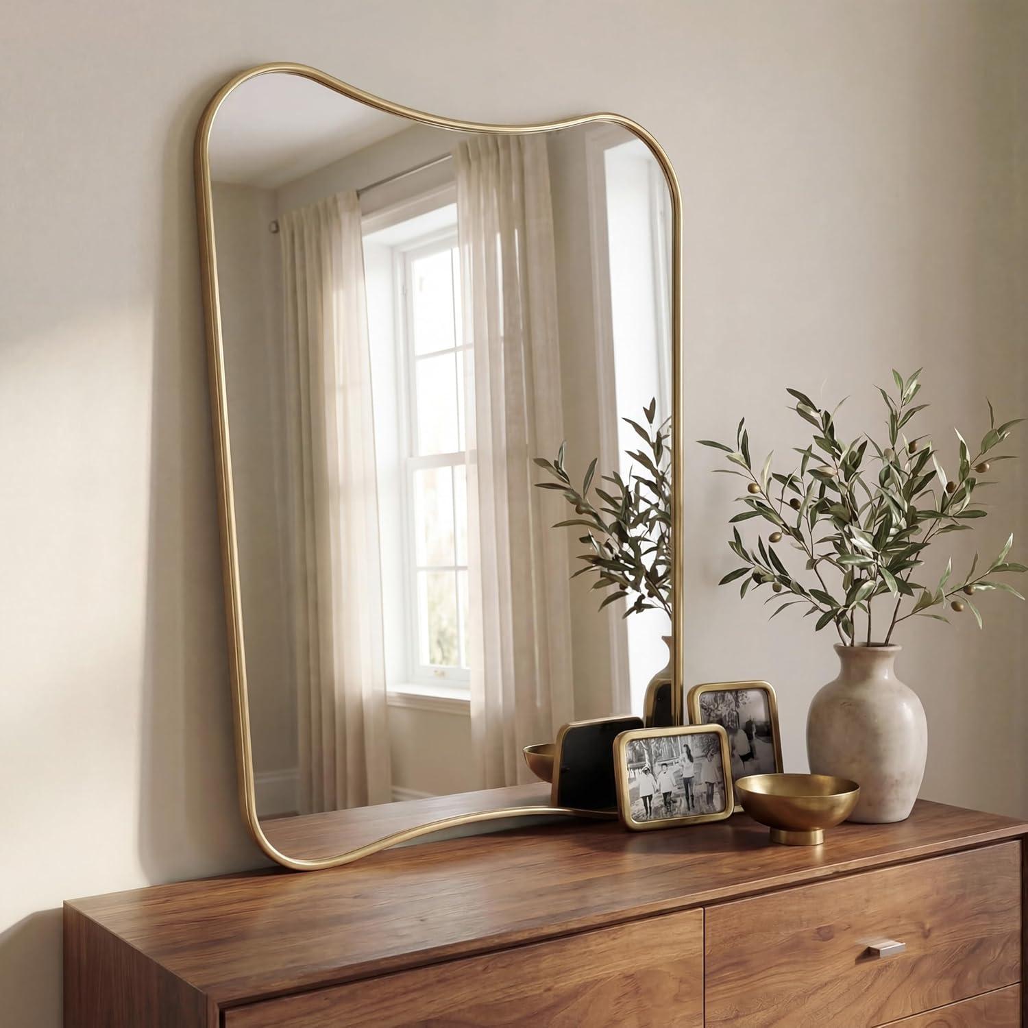 image:imageJONATHAN Y Alfie 24 in W x 36 in H Large Irregular Metal Framed Wall Mounted Mirror Gold MIR216A