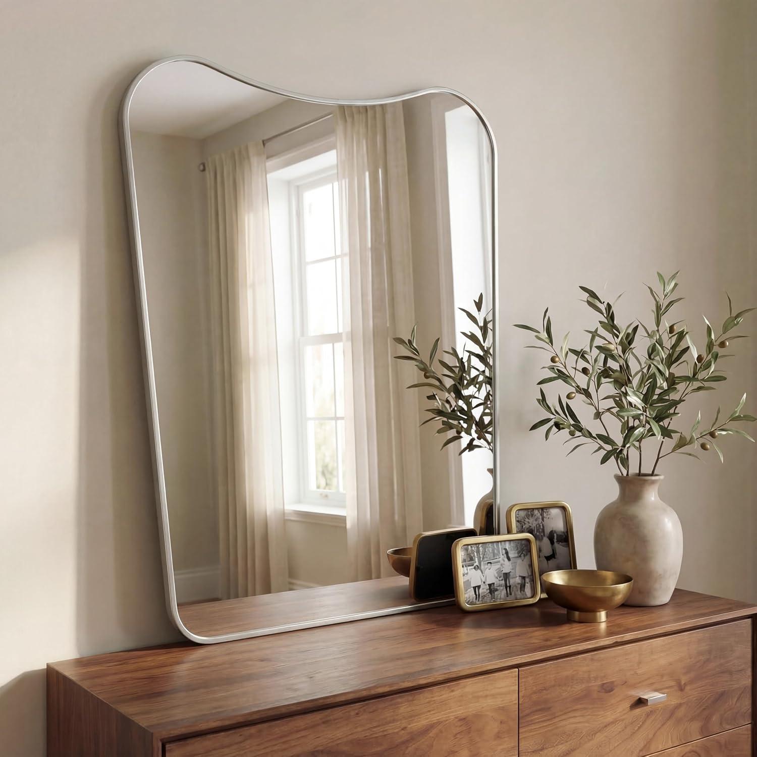 image:imageJONATHAN Y Alfie 24 in W x 36 in H Large Irregular Metal Framed Wall Mounted Mirror with Flat Bottom Nickel MIR212B
