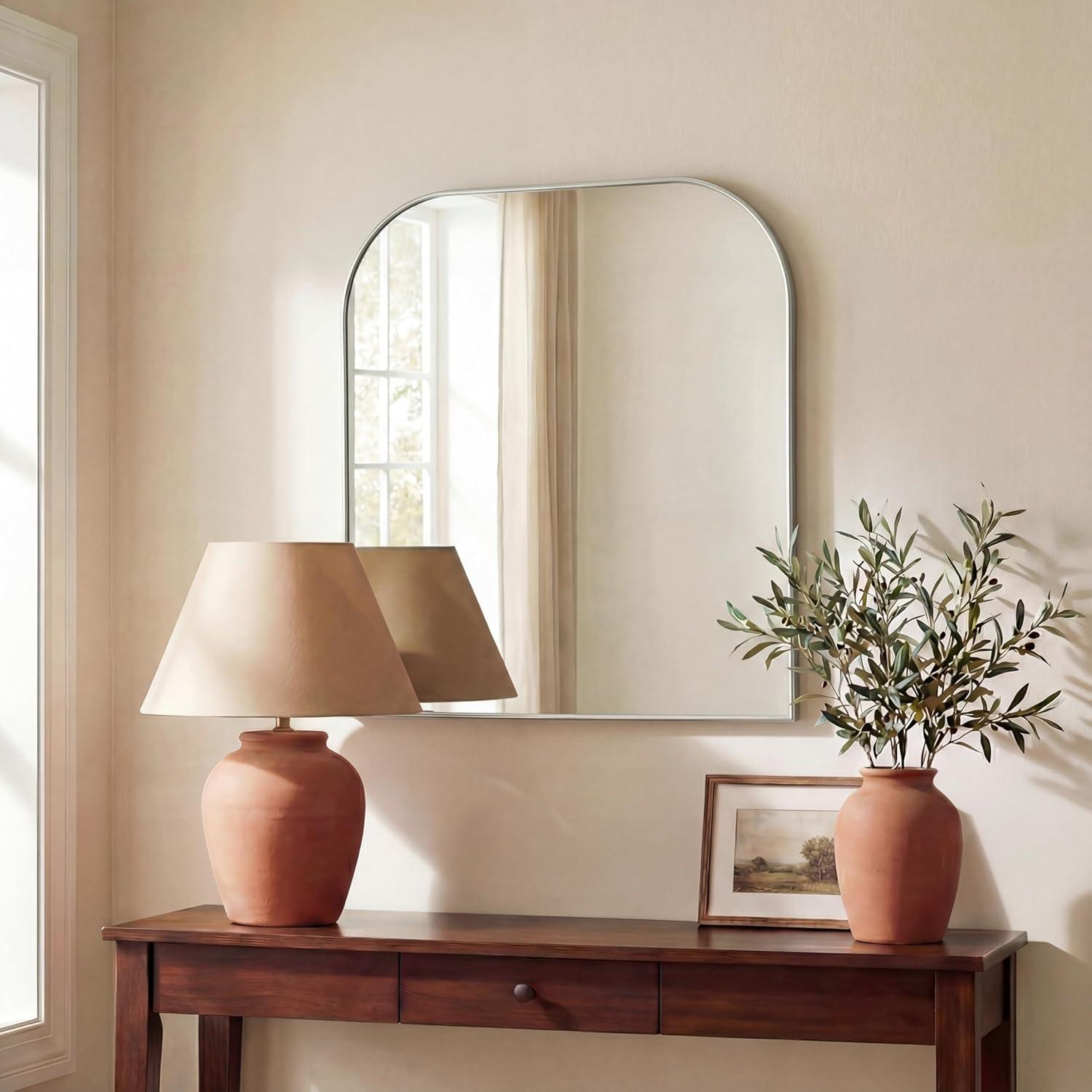 image:imageJONATHAN Y Aveline 38 in W x 32 in H Large Top Arched Rectangular Metal Framed Wall Mounted Mirror Gold MIR210CNickel
