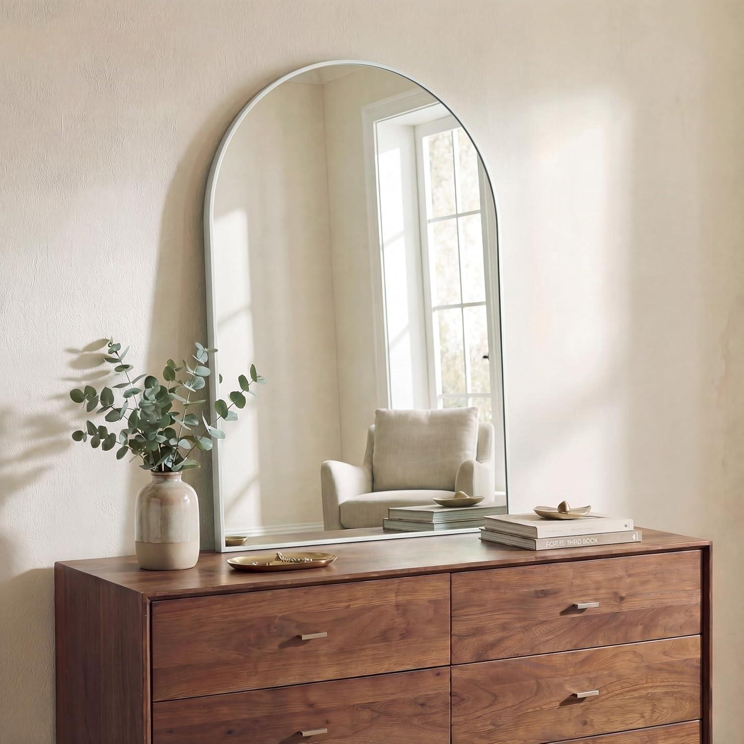 image:imageJONATHAN Y Elodie 28 in W x 40 in H Large Arched Metal Framed Wall Mounted Mirror Nickel MIR209B
