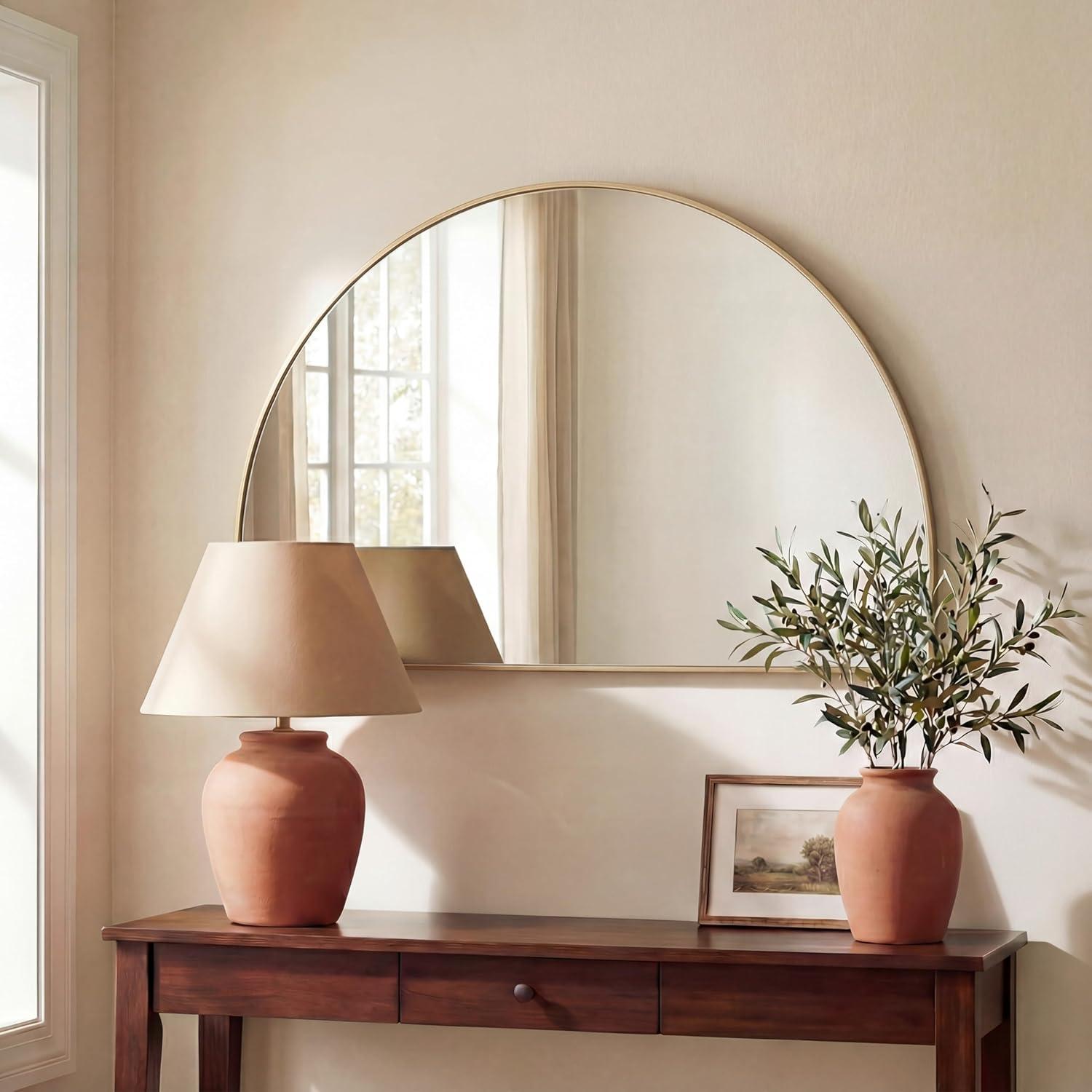 image:imageJONATHAN Y Solstice 42 in W x 23 in H Large Half Circle Metal Framed Wall Mounted Mirror Black MIR211AGold
