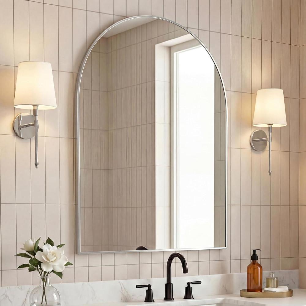 image:imageJONATHAN Y Elodie 28 in W x 40 in H Large Arched Metal Framed Wall Mounted Mirror Nickel MIR209B