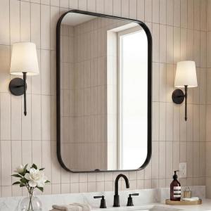 JONATHAN Y Aleria 24 in. W x 36 in. H Medium Rounded Rectangular Metal Framed Wall Mounted Mirror, Nickel (MIR217C)(Black)