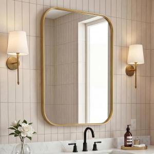 JONATHAN Y Aleria 24 in. W x 36 in. H Medium Rounded Rectangular Metal Framed Wall Mounted Mirror, Nickel (MIR217C)(Gold)