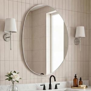 JONATHAN Y Aurelia 24 in. W x 36 in. H Medium Irregular Oval Metal Framed Wall Mounted Mirror, Gold (MIR213A)(Nickel)