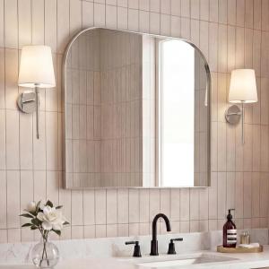JONATHAN Y Aveline 38 in. W x 32 in. H Large Top Arched Rectangular Metal Framed Wall Mounted Mirror, Gold (MIR210C)(Nickel)