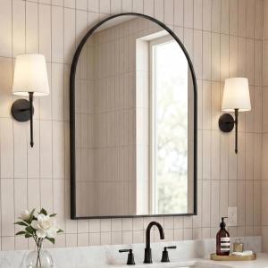 JONATHAN Y Elodie 20 in. W x 30 in. H Small Arched Metal Framed Wall Mounted Mirror, Black (MIR207A)