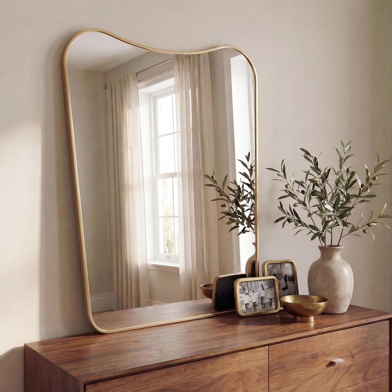 image:imageJONATHAN Y Alfie 24 in W x 36 in H Large Irregular Metal Framed Wall Mounted Mirror with Flat Bottom Gold MIR212C
