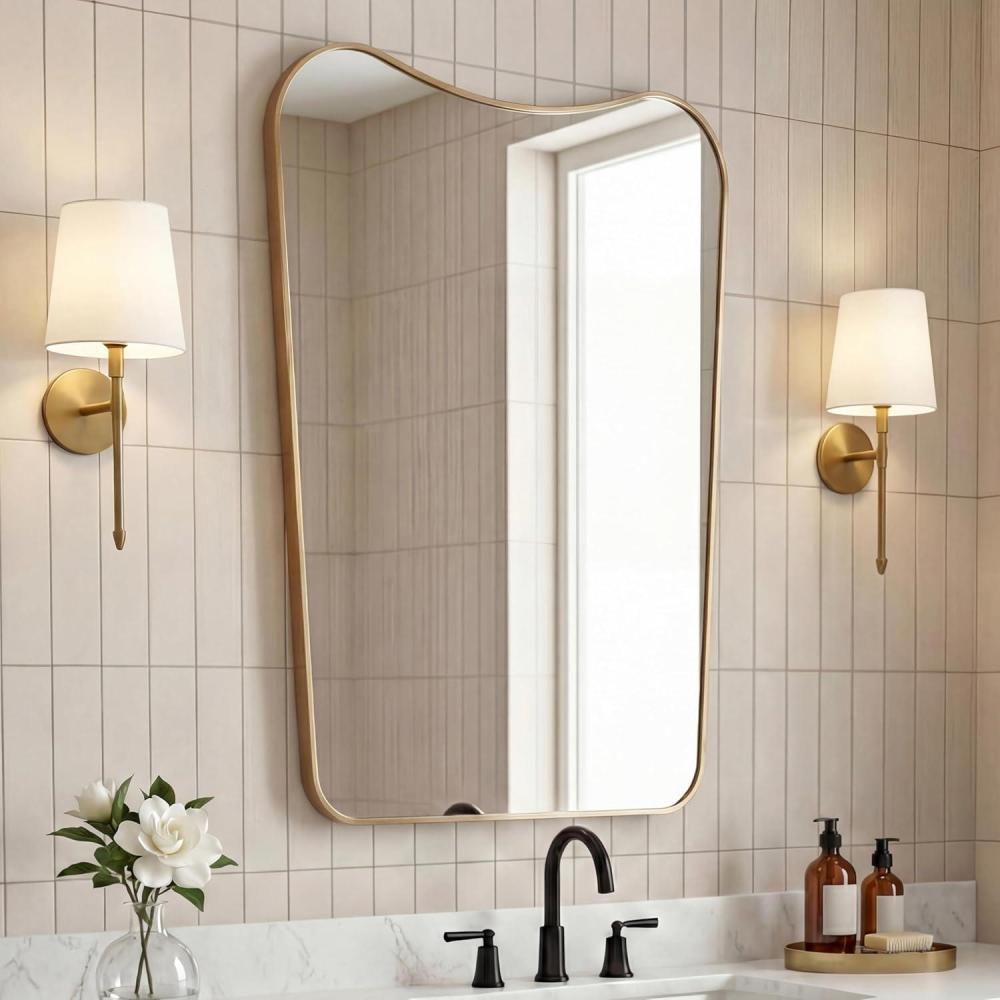image:imageJONATHAN Y Alfie 24 in W x 36 in H Large Irregular Metal Framed Wall Mounted Mirror with Flat Bottom Gold MIR212C