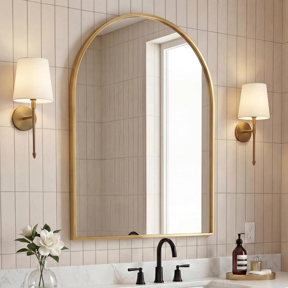 image:imageJONATHAN Y Elodie 28 in W x 40 in H Large Arched Metal Framed Wall Mounted Mirror Gold MIR209C