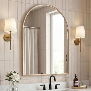 JONATHAN Y Elodie 20 in. W x 30 in. H Small Arched Metal Framed Wall Mounted Mirror, Gold (MIR207C)