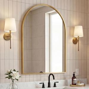 JONATHAN Y Elodie 28 in. W x 40 in. H Large Arched Metal Framed Wall Mounted Mirror, Gold (MIR209C)