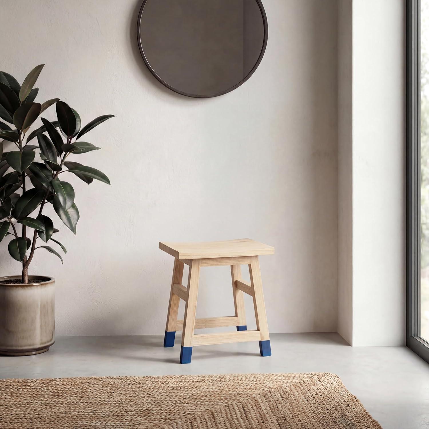 image:imageJONATHAN Y Classic Casual Handcrafted Mindi Wood Small Stool 183 with Accent Feet Tips Accent Stool Footstool Side Table Plant Stand for Living Room Bedroom Entryway NaturalNavy STL3007BNaturalNavy