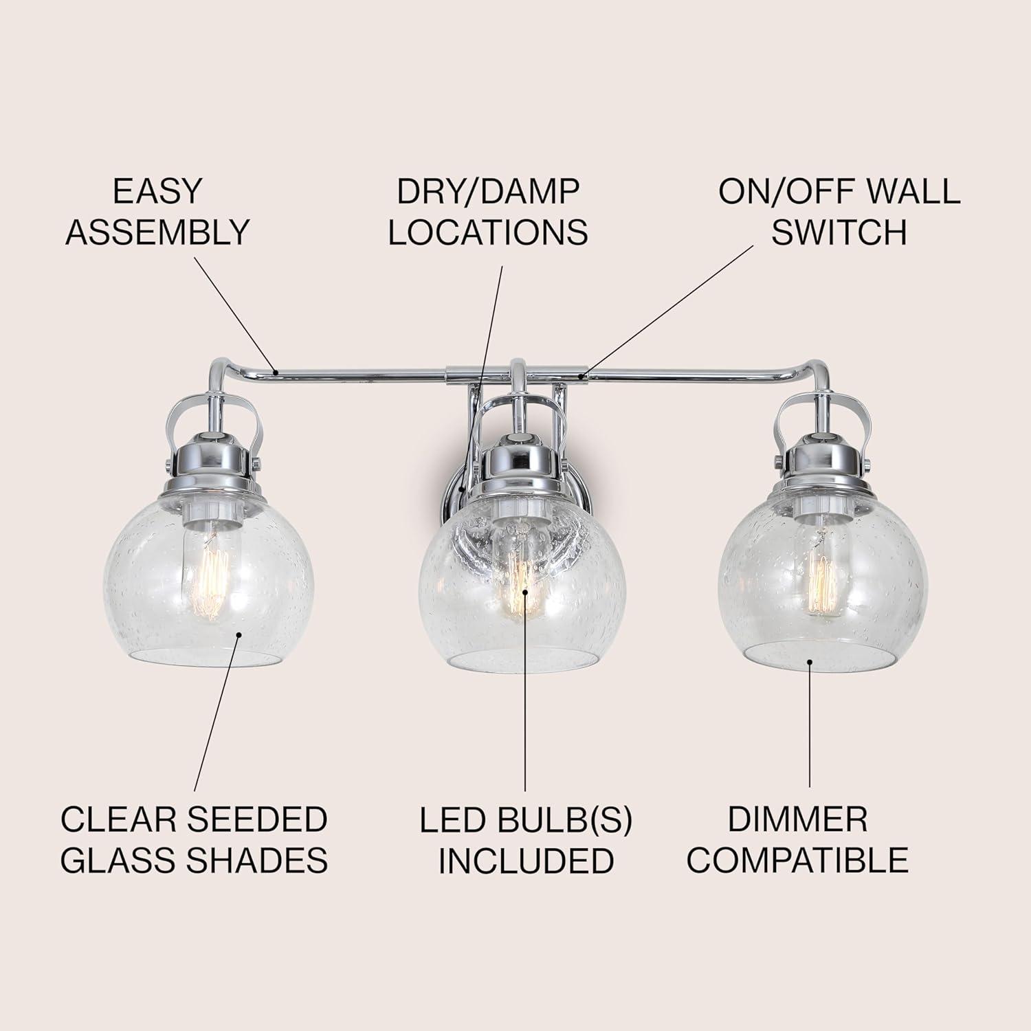 image:imageJONATHAN Y 24 Brass GoldOil Rubbed Bronze Shirley 3Light Bathroom Vanity Light Metal Wall Sconce Clear Seeded Glass Shade Modern Transitional Farmhouse Fixture LED Bulbs Included JYL7405BChromeClear