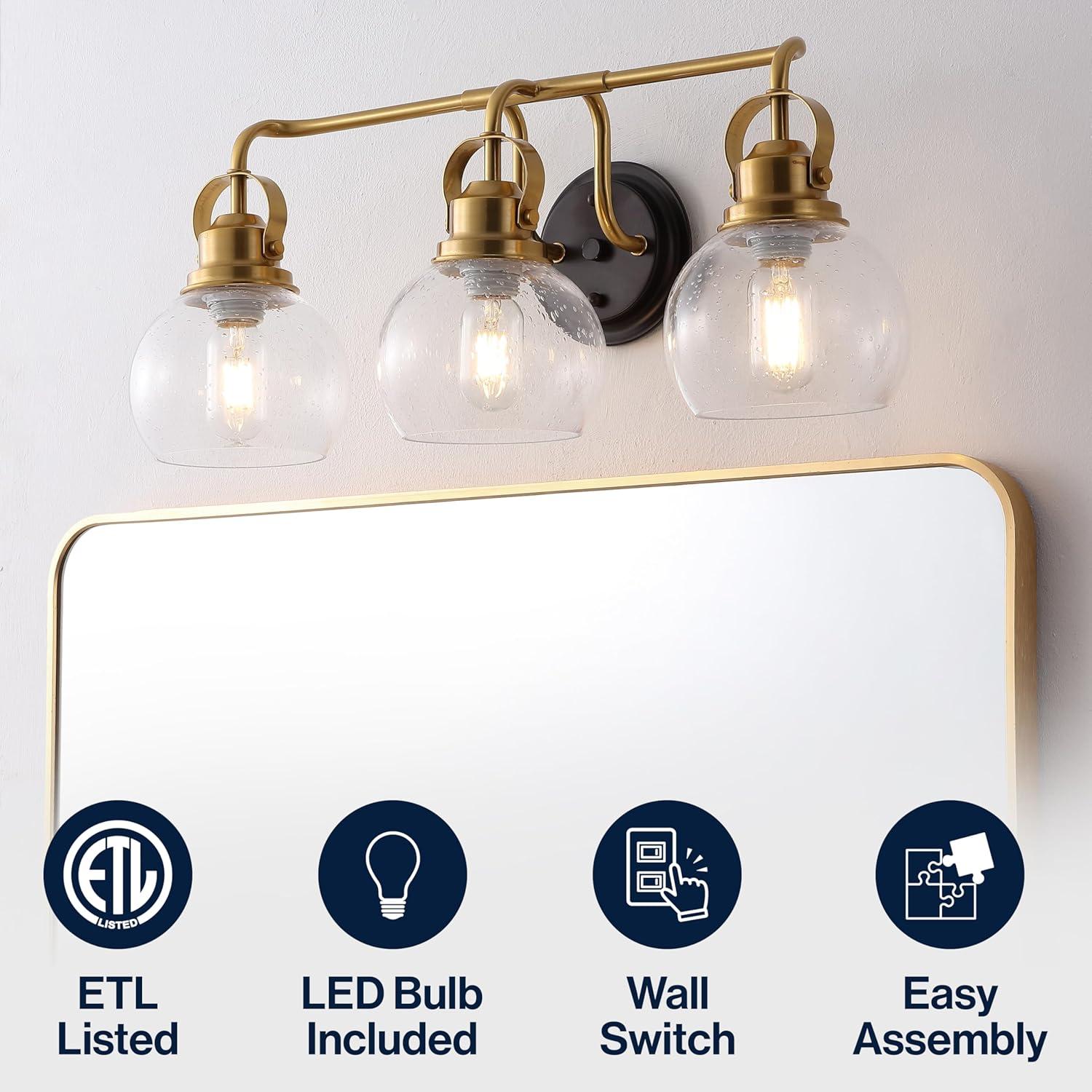 image:imageJONATHAN Y 24 Brass GoldOil Rubbed Bronze Shirley 3Light Bathroom Vanity Light Metal Wall Sconce Clear Seeded Glass Shade Modern Transitional Farmhouse Fixture LED Bulbs Included JYL7405BBrass GoldOil Rubbed Bronze