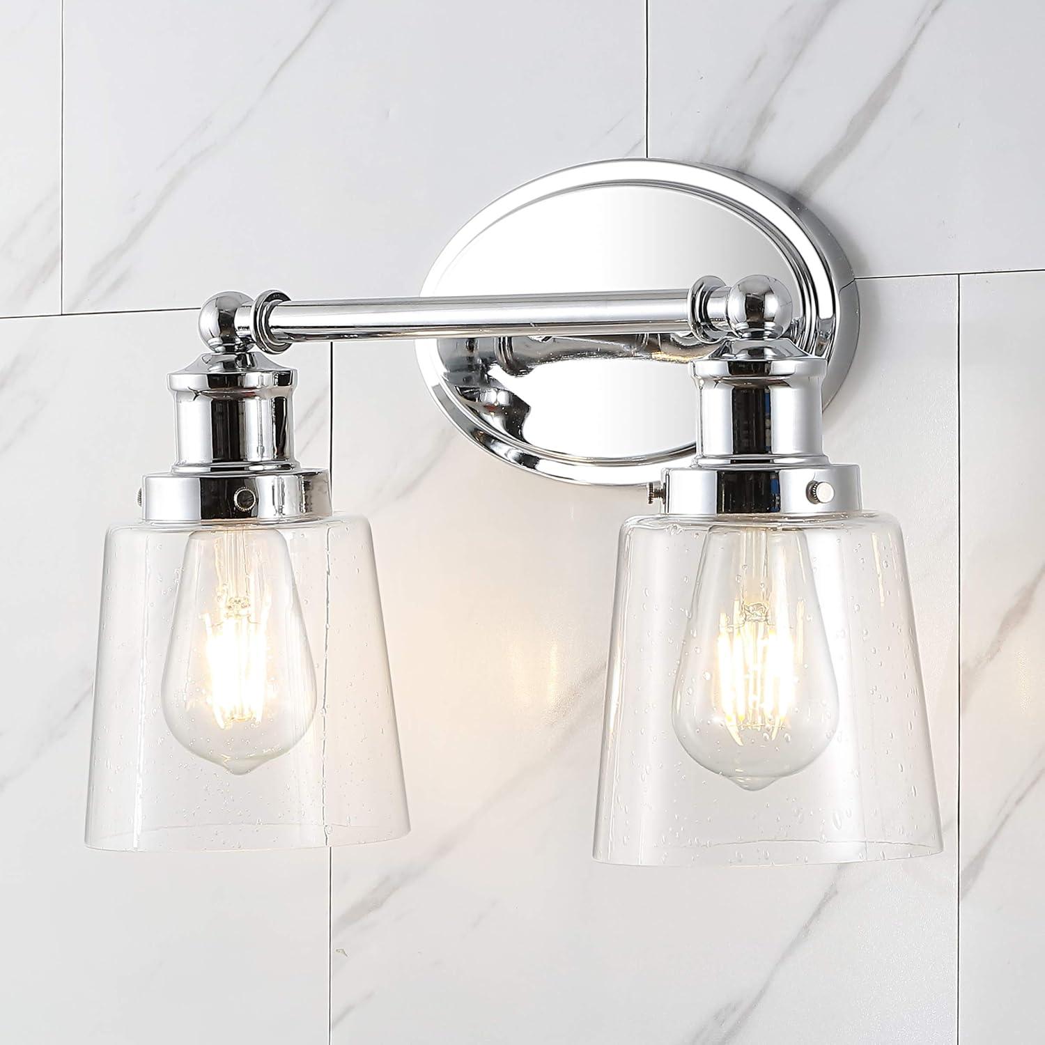 image:imageJONATHAN Y 3175 Chrome 4Light LED Vanity Light Farmhouse Wall Sconce for Bathroom Mirror Clear Seeded Glass Shade Rustic Iron Fixture for Kitchen Hallway LED Bulb Included JYL7533A2 Bulb