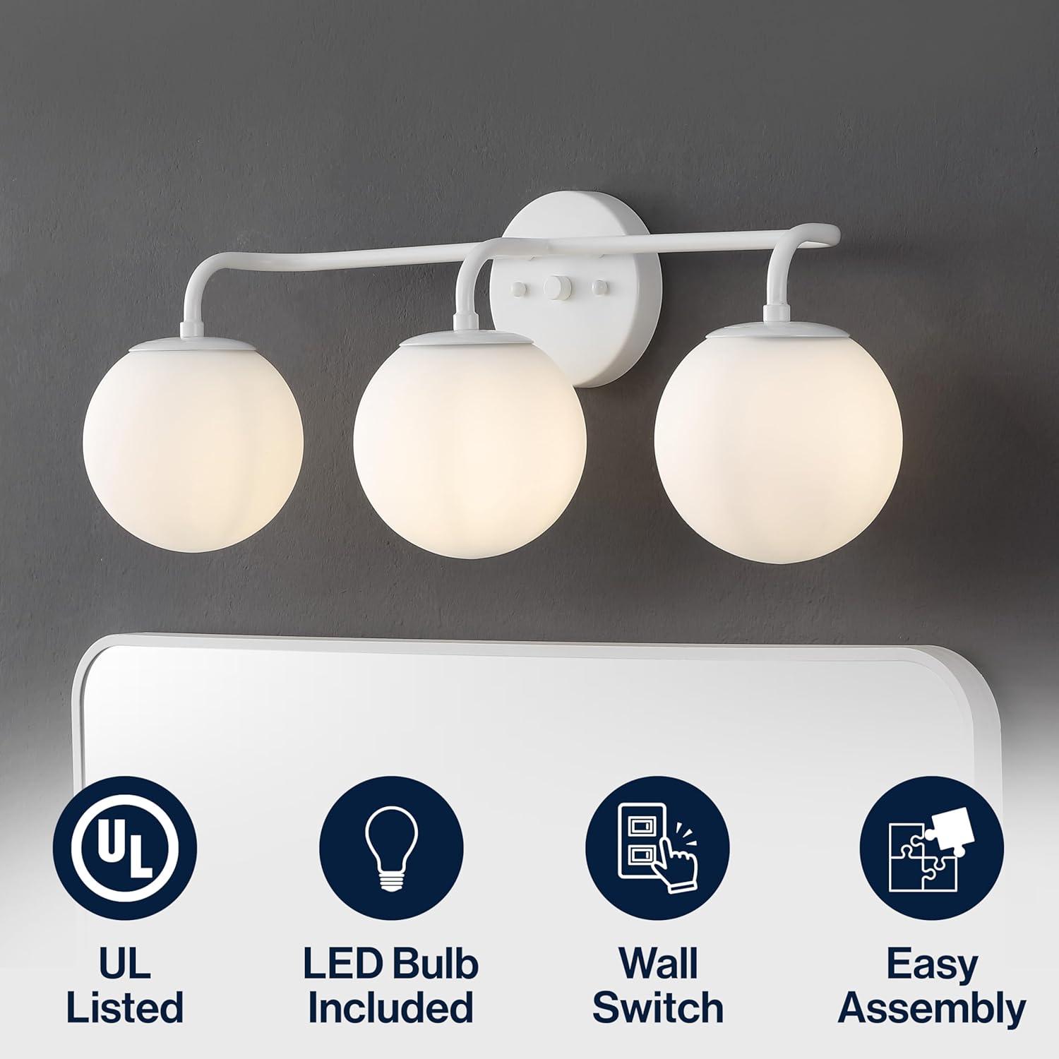 image:imageJONATHAN Y 40 Black Modern Globe Wall Sconce Vanity Light for Bathroom White Frosted Glass Shade Midcentury Parisian Bistro Wall Lamp LED Bulb Included JYL3560BWhite