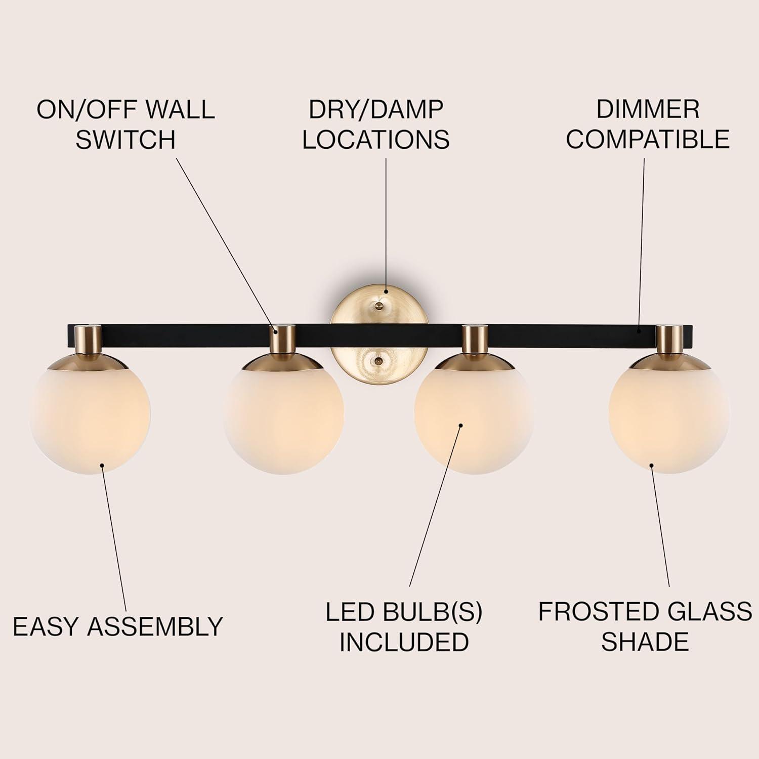 image:imageJONATHAN Y 575 BlackWhite 1Light Modern Globe LED Vanity Wall Sconce Light White Frosted Glass Shade MidCentury Art Deco Wall Lamp for Bathroom Kitchen Hallway JYL3540BBrass GoldBlack