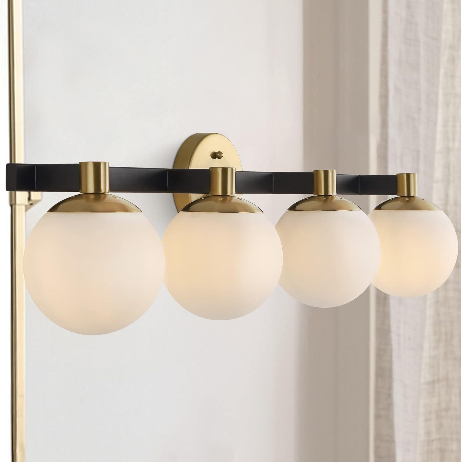 image:imageJONATHAN Y 575 BlackWhite 1Light Modern Globe LED Vanity Wall Sconce Light White Frosted Glass Shade MidCentury Art Deco Wall Lamp for Bathroom Kitchen Hallway JYL3540BBrass GoldBlack