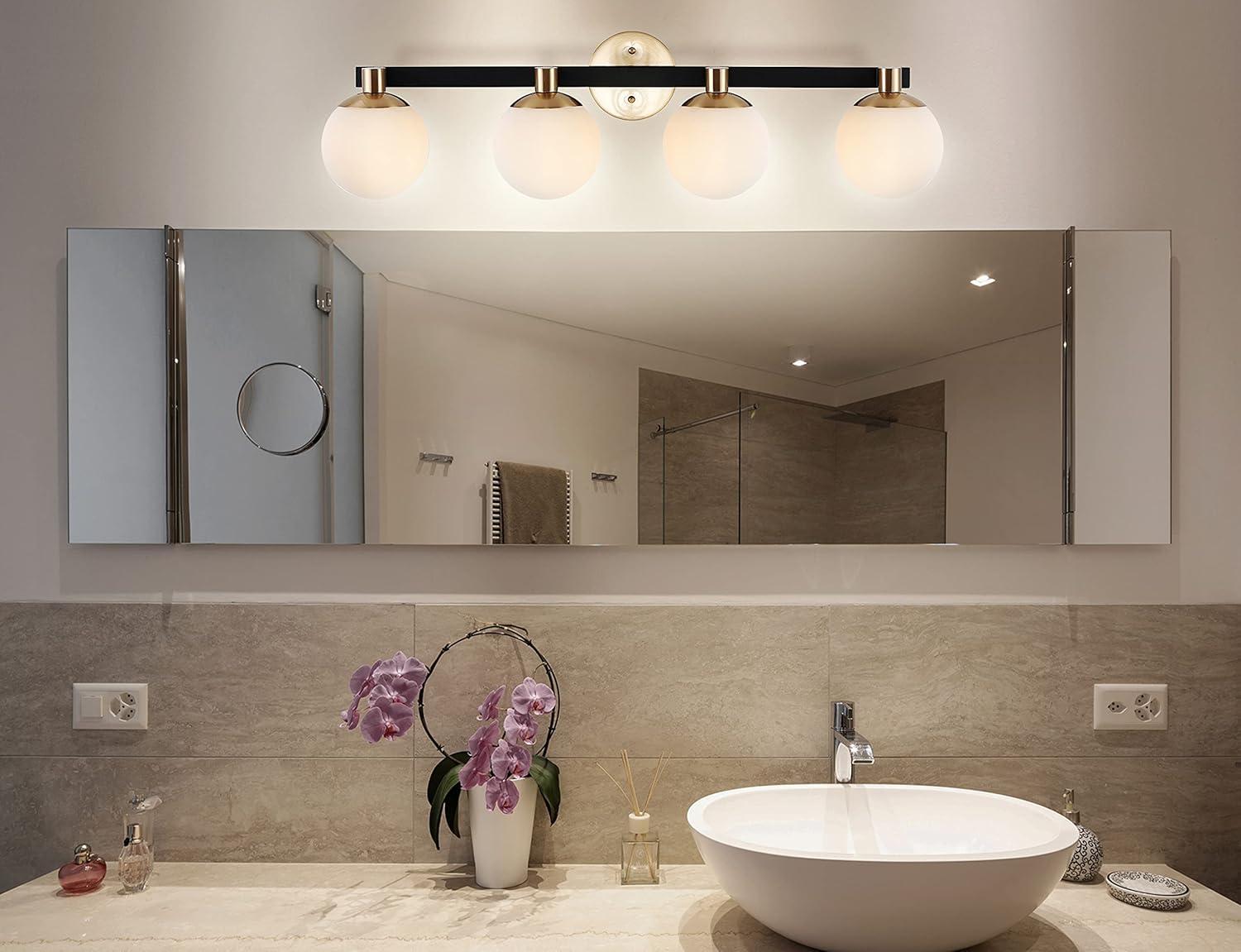 image:imageJONATHAN Y 575 BlackWhite 1Light Modern Globe LED Vanity Wall Sconce Light White Frosted Glass Shade MidCentury Art Deco Wall Lamp for Bathroom Kitchen Hallway JYL3540BBrass GoldBlack