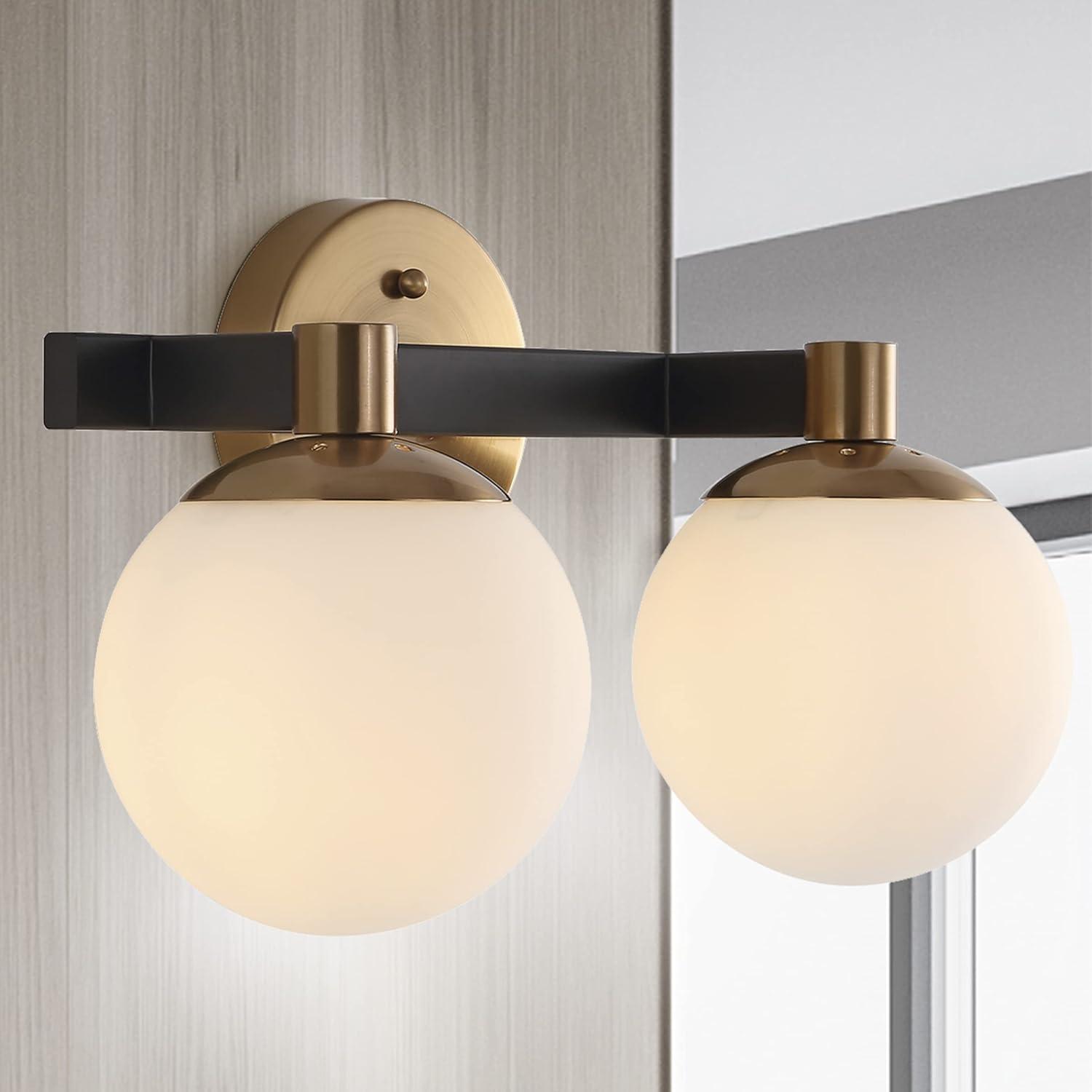 image:imageJONATHAN Y 575 BlackWhite 1Light Modern Globe LED Vanity Wall Sconce Light White Frosted Glass Shade MidCentury Art Deco Wall Lamp for Bathroom Kitchen Hallway JYL3540BBrass GoldBlack