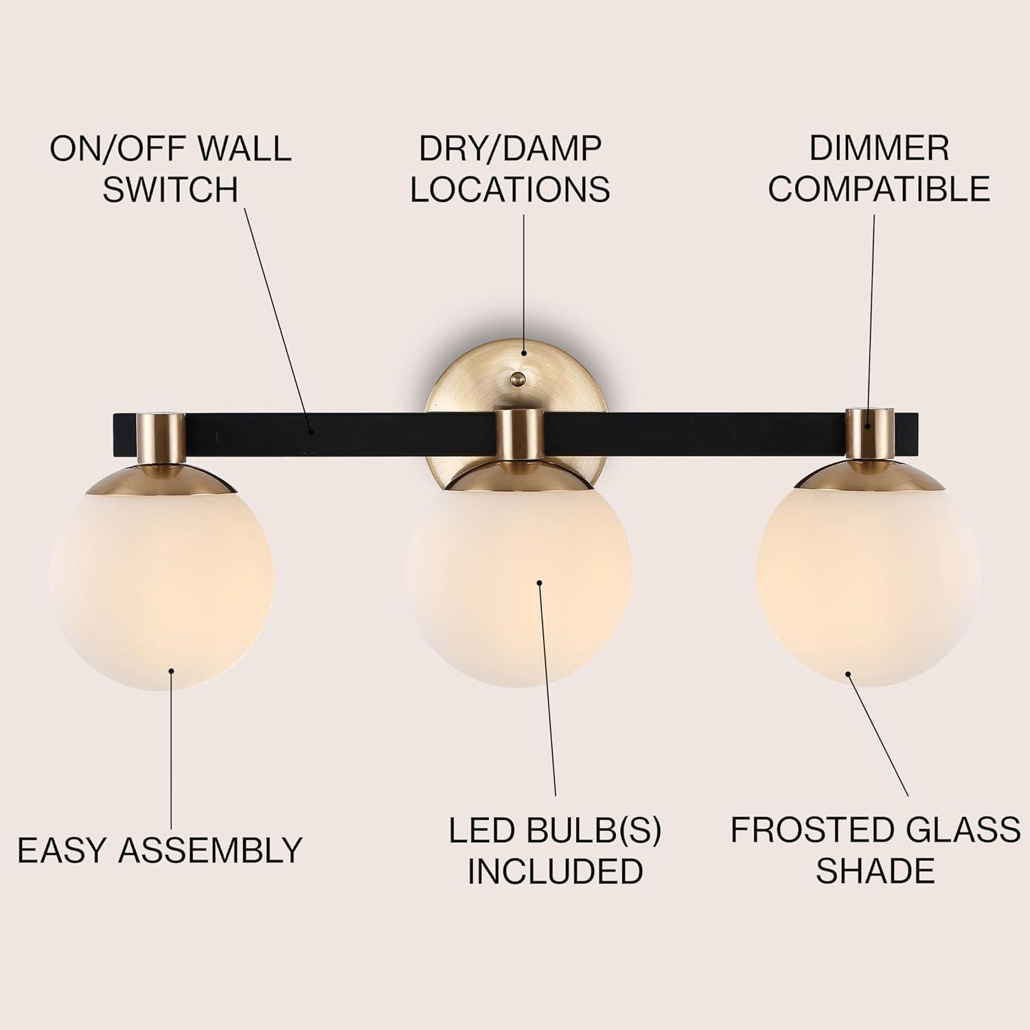 image:imageJONATHAN Y 575 BlackWhite 1Light Modern Globe LED Vanity Wall Sconce Light White Frosted Glass Shade MidCentury Art Deco Wall Lamp for Bathroom Kitchen Hallway JYL3540BBrass GoldBlack