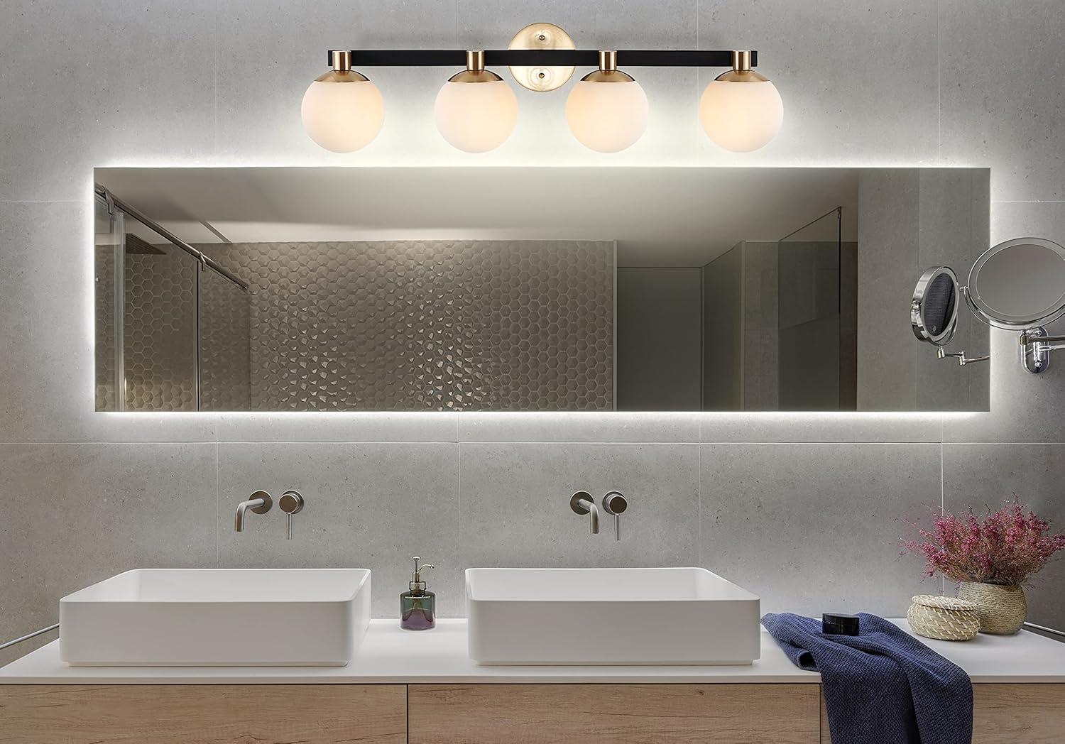 image:imageJONATHAN Y 575 BlackWhite 1Light Modern Globe LED Vanity Wall Sconce Light White Frosted Glass Shade MidCentury Art Deco Wall Lamp for Bathroom Kitchen Hallway JYL3540BBrass GoldBlack