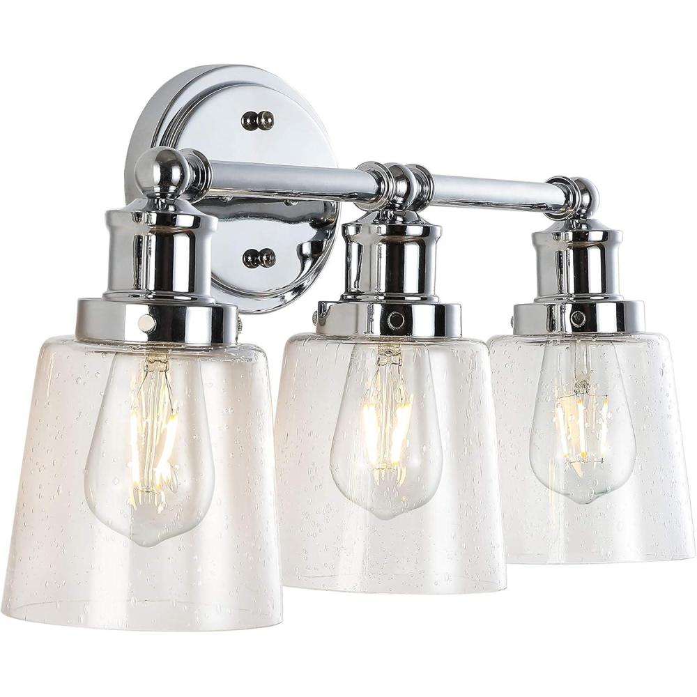 image:imageJONATHAN Y 3175 Chrome 4Light LED Vanity Light Farmhouse Wall Sconce for Bathroom Mirror Clear Seeded Glass Shade Rustic Iron Fixture for Kitchen Hallway LED Bulb Included JYL7533A3 Bulb