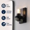 JONATHAN Y 32″ Black/Gray Oak Wood Finish LED Vanity Light, Rustic Farmhouse Sconce, Clear Seeded Glass Shade, Industrial Wall Lamp for Bathroom Mirror, Kitchen Sink, LED Bulb (JYL7510B)(Black/Gray Oak Wood Finish)