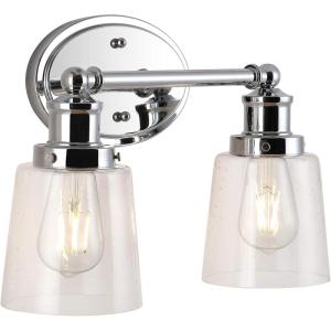 JONATHAN Y 31.75″ Chrome 4-Light LED Vanity Light, Farmhouse Wall Sconce for Bathroom Mirror, Clear Seeded Glass Shade, Rustic Iron Fixture for Kitchen Hallway, LED Bulb Included (JYL7533A)(2 Bulb)
