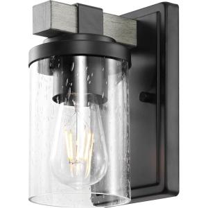 JONATHAN Y 32″ Black/Gray Oak Wood Finish LED Vanity Light, Rustic Farmhouse Sconce, Clear Seeded Glass Shade, Industrial Wall Lamp for Bathroom Mirror, Kitchen Sink, LED Bulb (JYL7510B)(Black/Gray Oak Wood Finish)