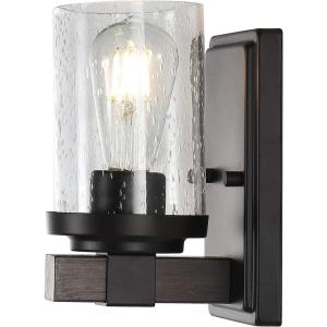 JONATHAN Y 32″ Black/Gray Oak Wood Finish LED Vanity Light, Rustic Farmhouse Sconce, Clear Seeded Glass Shade, Industrial Wall Lamp for Bathroom Mirror, Kitchen Sink, LED Bulb (JYL7510B)(Oil-Rubbed Bronze)
