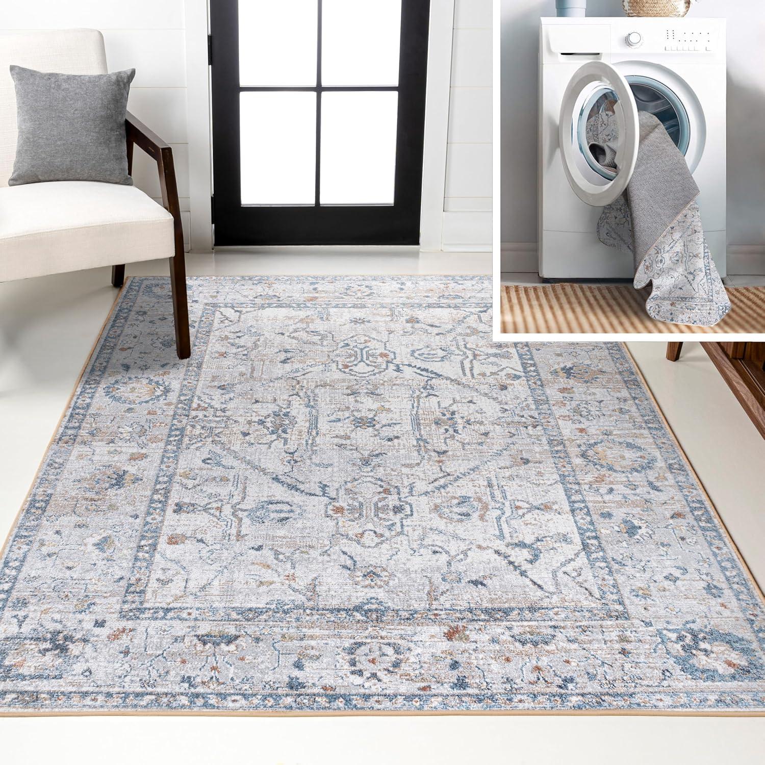 image:imageJONATHAN Y Machine Washable Indoor Area Rug 3X5 Dark GrayCream Brandy Rustic Border LowPile for Living Room Bedroom Kitchen Office EasyCleaning PetFriendly NonShedding WSH321A3Brandylight GrayBlue