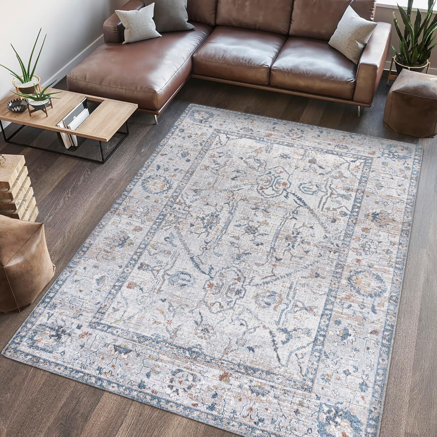 image:imageJONATHAN Y Machine Washable Indoor Area Rug 3X5 Dark GrayCream Brandy Rustic Border LowPile for Living Room Bedroom Kitchen Office EasyCleaning PetFriendly NonShedding WSH321A3Brandylight GrayBlue