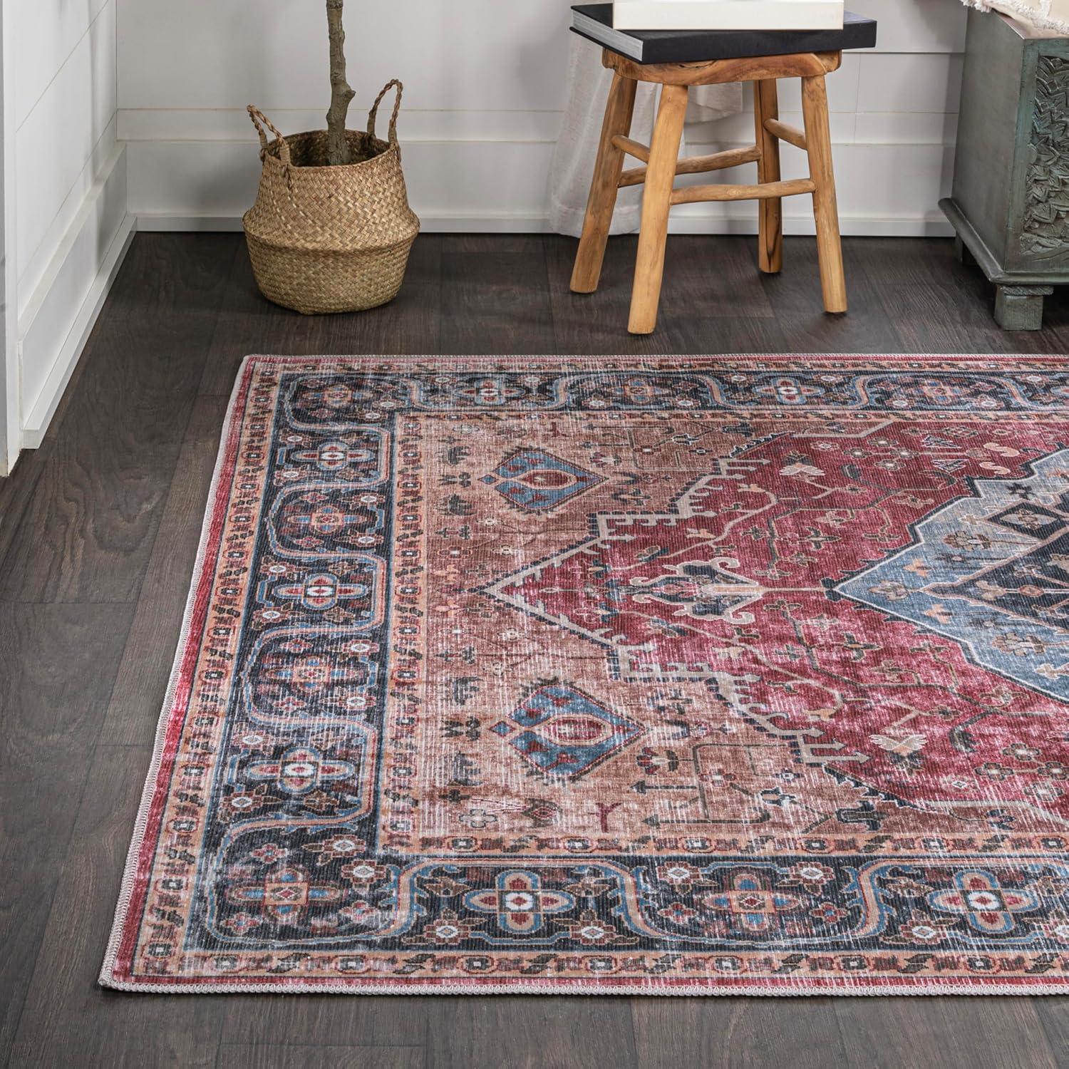 image:imageJONATHAN Y Machine Washable Indoor Area Rug 3X5 RedOrangeCream Alacati Ogee Medallion for Living Room Bedroom Kitchen Office EasyCleaning High Traffic PetFriendly NonShedding WSH103A3RedBlueBrown