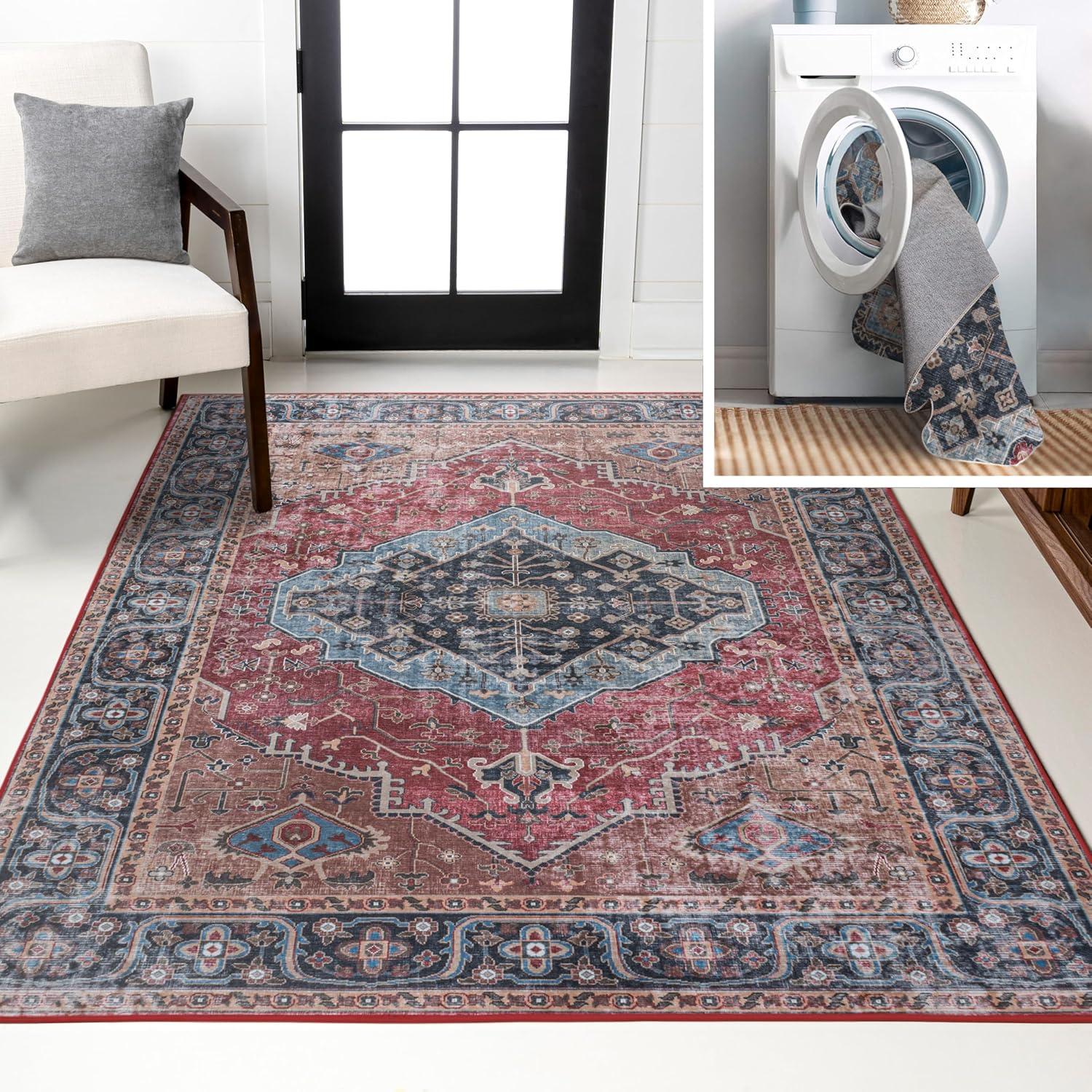 image:imageJONATHAN Y Machine Washable Indoor Area Rug 3X5 RedOrangeCream Alacati Ogee Medallion for Living Room Bedroom Kitchen Office EasyCleaning High Traffic PetFriendly NonShedding WSH103A3RedBlueBrown