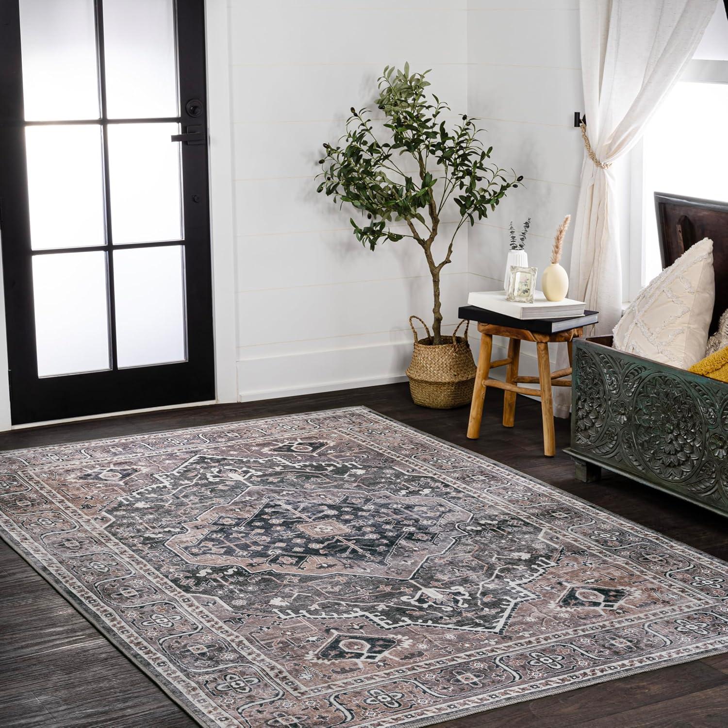 image:imageJONATHAN Y Machine Washable Indoor Area Rug 3X5 RedOrangeCream Alacati Ogee Medallion for Living Room Bedroom Kitchen Office EasyCleaning High Traffic PetFriendly NonShedding WSH103A3Dark GreenDark Beige