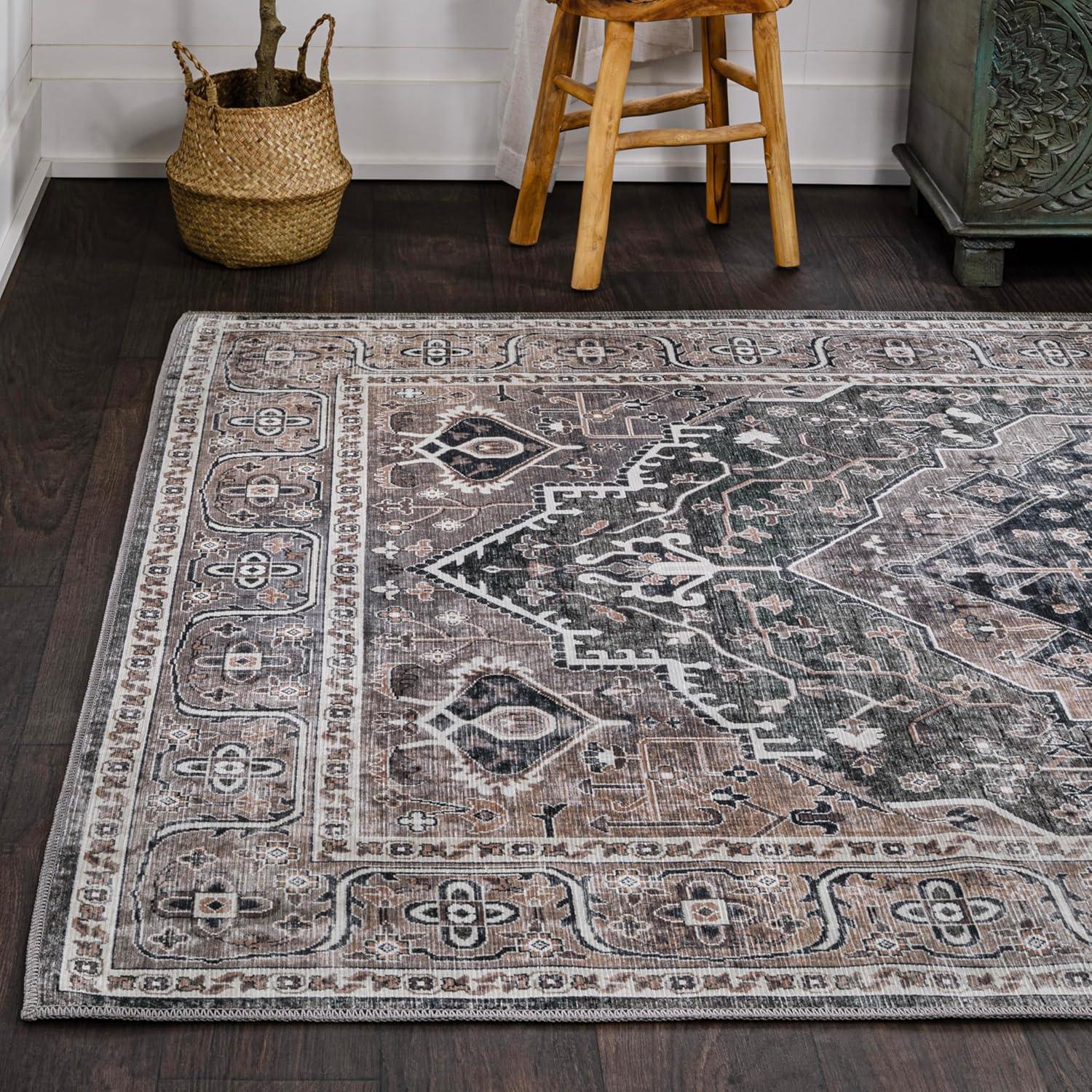 image:imageJONATHAN Y Machine Washable Indoor Area Rug 3X5 RedOrangeCream Alacati Ogee Medallion for Living Room Bedroom Kitchen Office EasyCleaning High Traffic PetFriendly NonShedding WSH103A3Dark GreenDark Beige