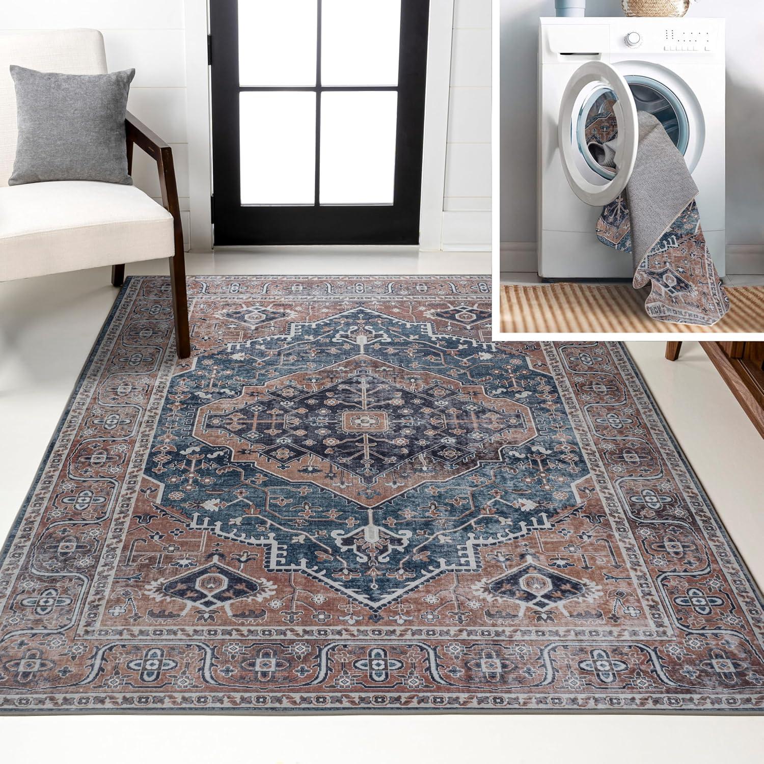 image:imageJONATHAN Y Machine Washable Indoor Area Rug 3X5 RedOrangeCream Alacati Ogee Medallion for Living Room Bedroom Kitchen Office EasyCleaning High Traffic PetFriendly NonShedding WSH103A3NavyBrown