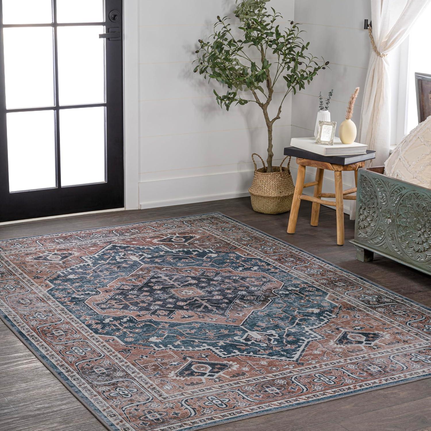 image:imageJONATHAN Y Machine Washable Indoor Area Rug 3X5 RedOrangeCream Alacati Ogee Medallion for Living Room Bedroom Kitchen Office EasyCleaning High Traffic PetFriendly NonShedding WSH103A3NavyBrown